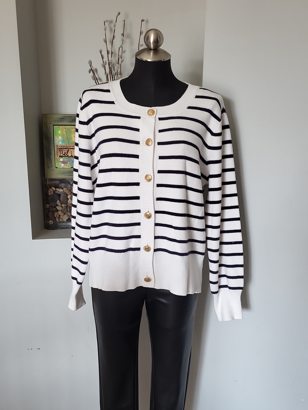 The item is a Cyrus Striped Cardigan Sweater sz XL